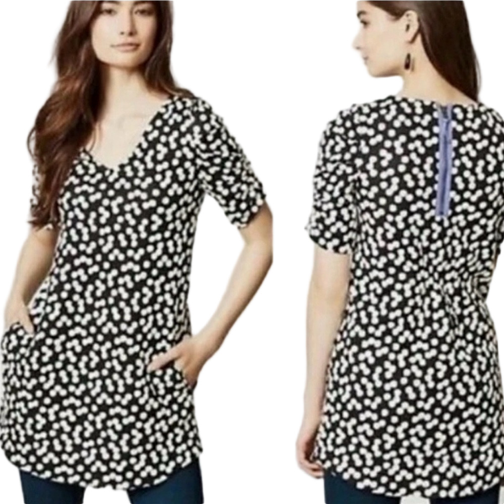 🎟️Deletta black and White Polka Dot V-Neck Tunic Top size L GUC..